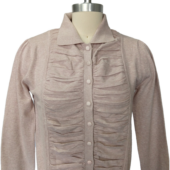 Vintage Y2K Coquette Cardigan Size S Collared Shirred Front Lavender Cotton - Picture 2 of 7